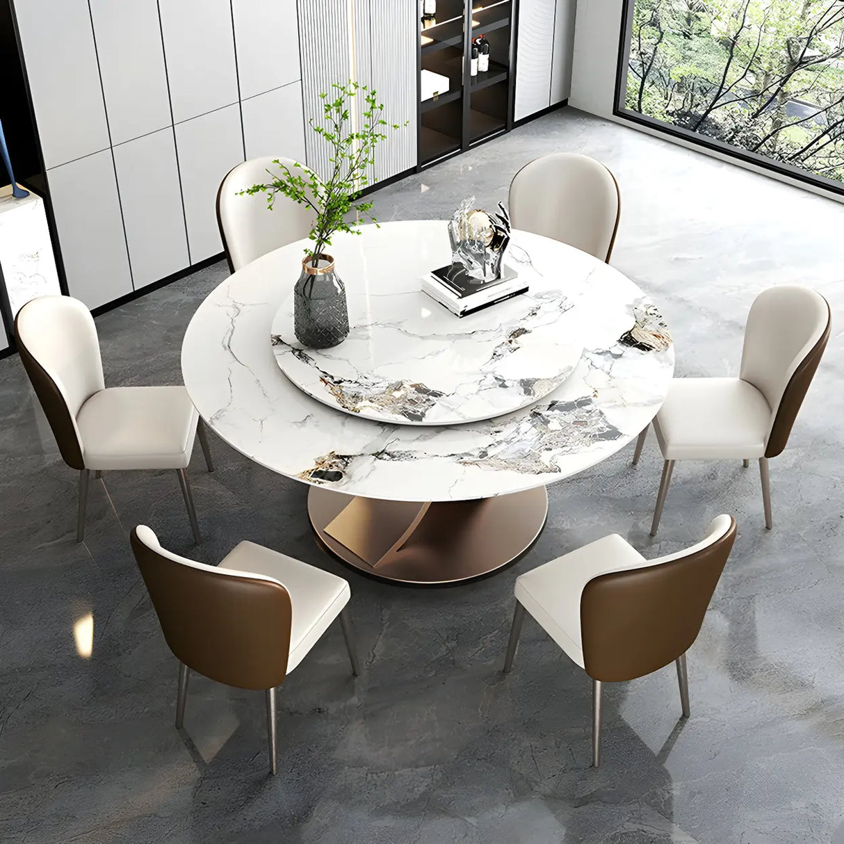 Modern Round Stone White Lazy Susan Turntable Dining Table Image - 3