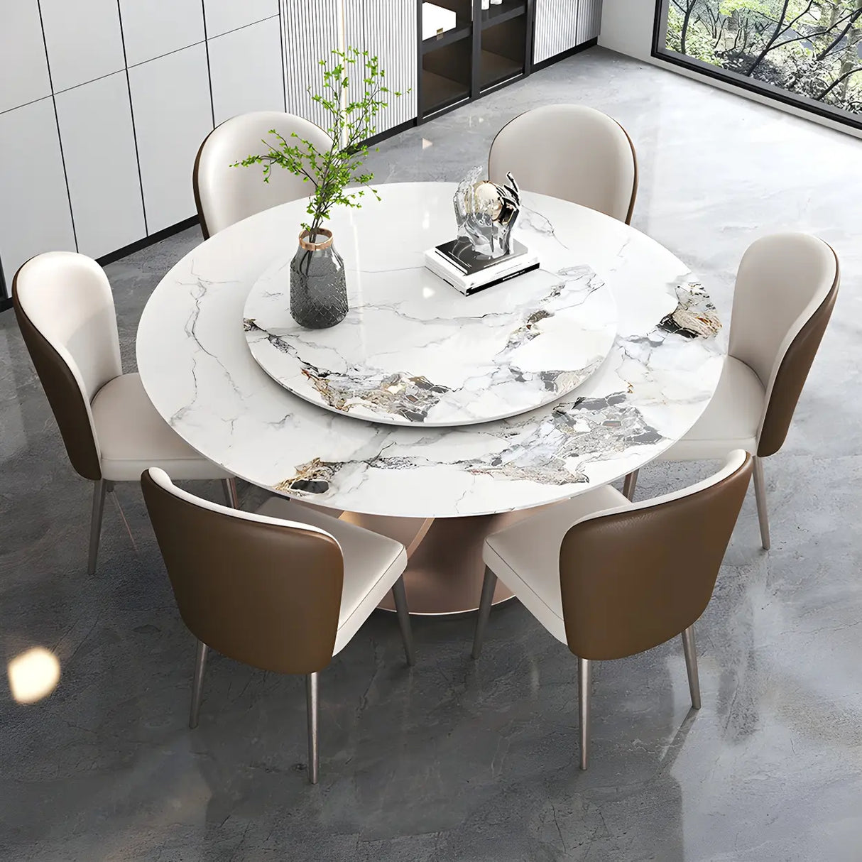 Modern Round Stone White Lazy Susan Turntable Dining Table Image - 9