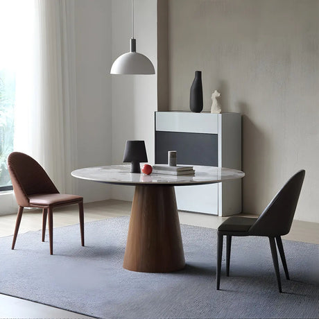 Modern Round Stone Wood Base Grey Dining Table Image - 1