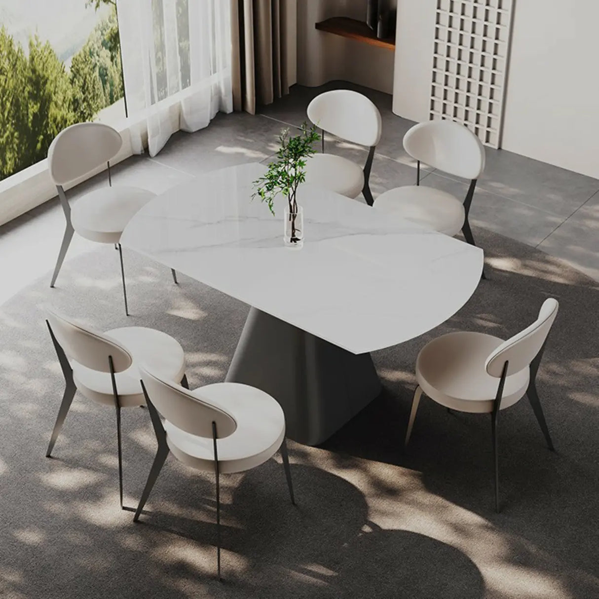 Modern Round White Stone Dining Table Extendable Pedestal Image - 3