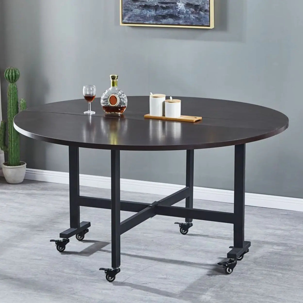Modern Round Wood Drop Leaf Dining Table Black Trestle Image - 1