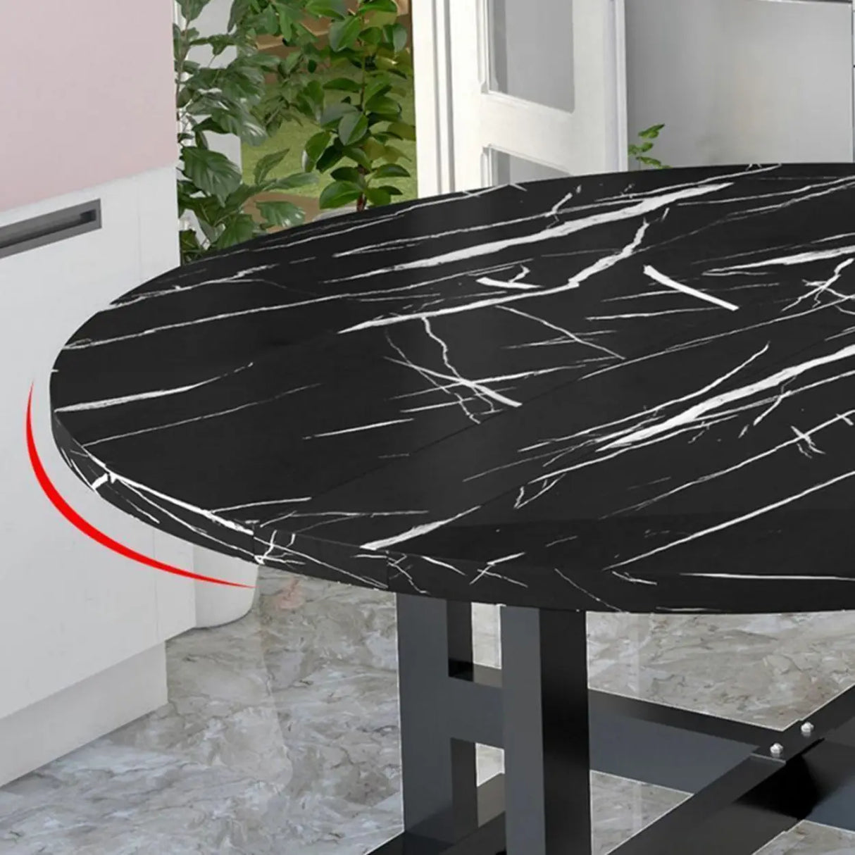Modern Round Wood Drop Leaf Dining Table Black Trestle Image - 11