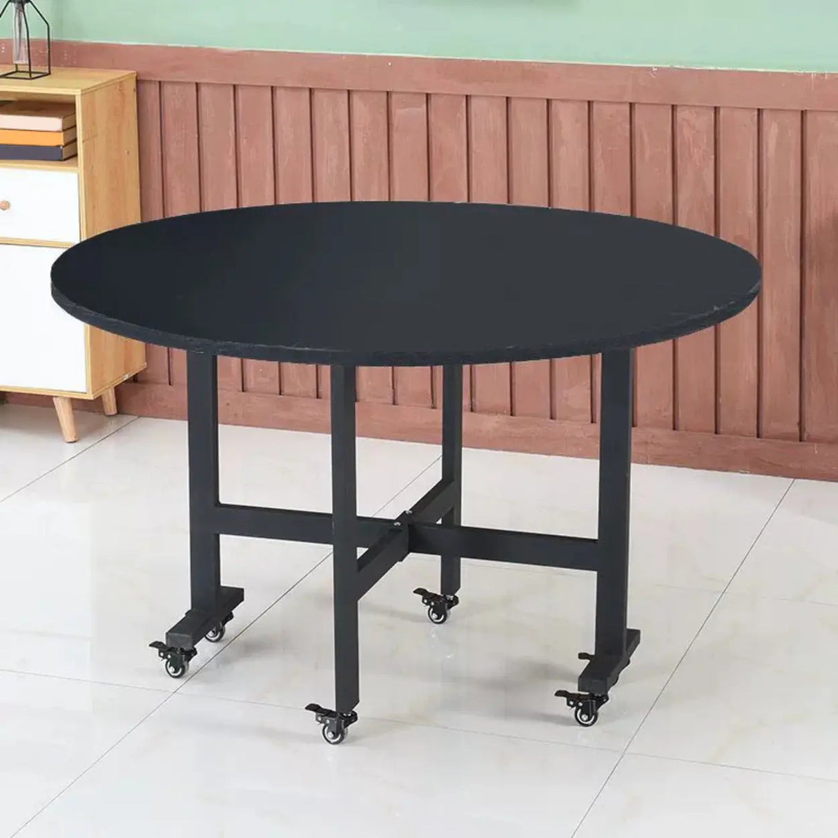 Modern Round Wood Drop Leaf Dining Table Black Trestle Image - 2