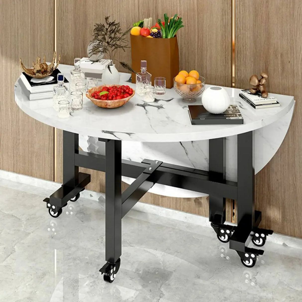 Modern Round Wood Drop Leaf Dining Table Black Trestle Image - 4