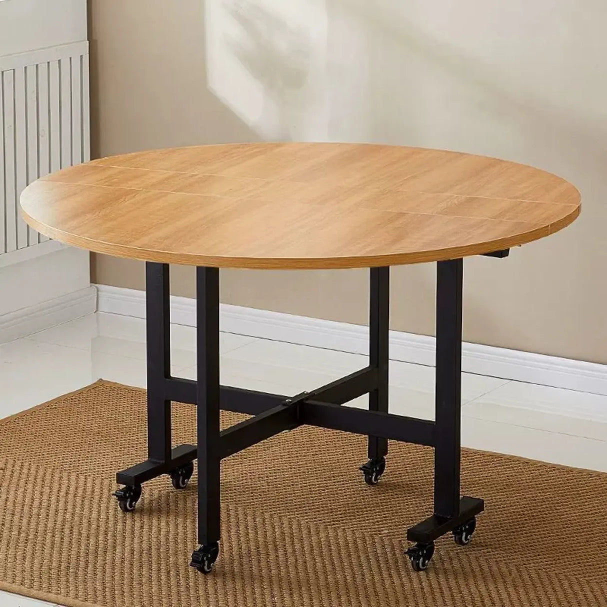 Modern Round Wood Drop Leaf Dining Table Black Trestle Image - 7