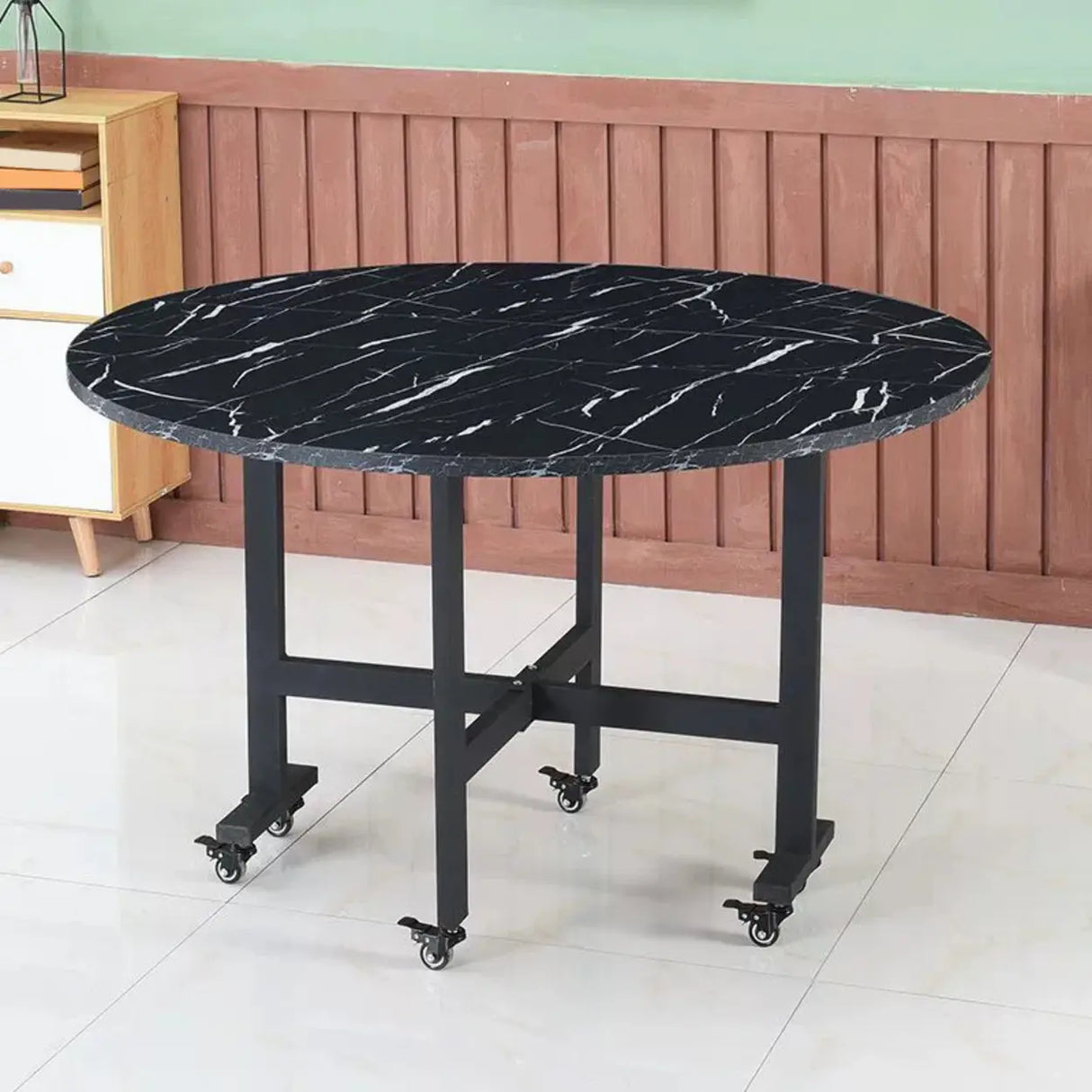 Modern Round Wood Drop Leaf Dining Table Black Trestle Image - 9