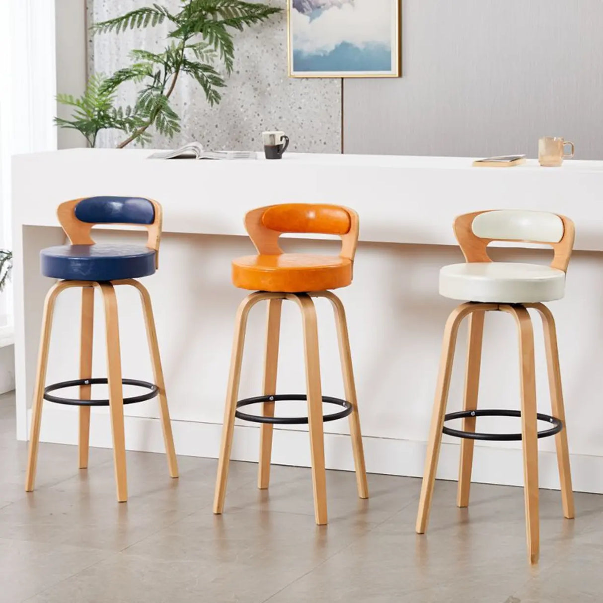 Modern Round Wood Low Back Leather Swivel Bar Stool Image - 1