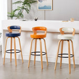 Modern Round Wood Low Back Leather Swivel Bar Stool Image - 1