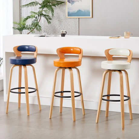 Modern Round Wood Low Back Leather Swivel Bar Stool Image - 1