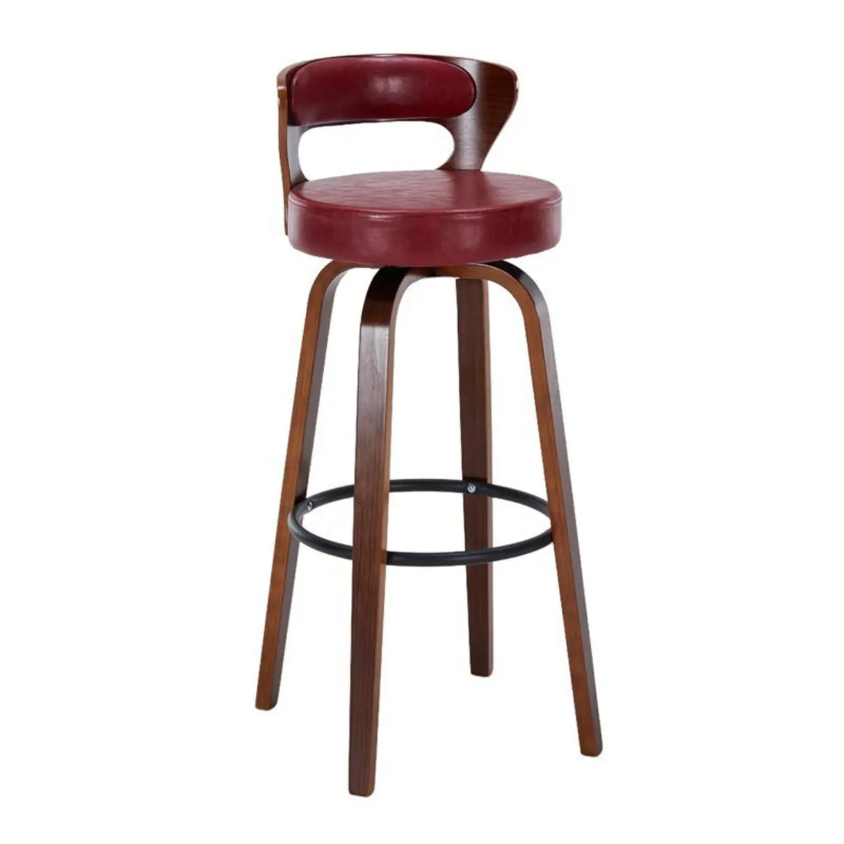 Modern Round Wood Low Back Leather Swivel Bar Stool Image - 11