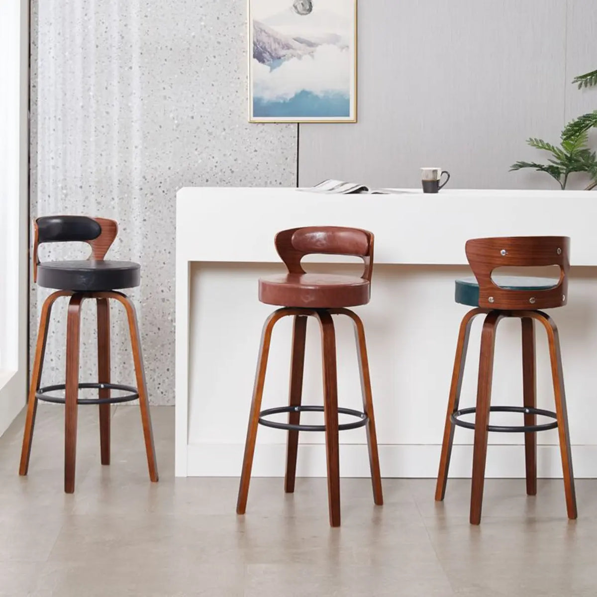 Modern Round Wood Low Back Leather Swivel Bar Stool Image - 11