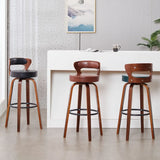Modern Round Wood Low Back Leather Swivel Bar Stool Image - 11