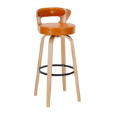 Modern Round Wood Low Back Leather Swivel Bar Stool Image - 15