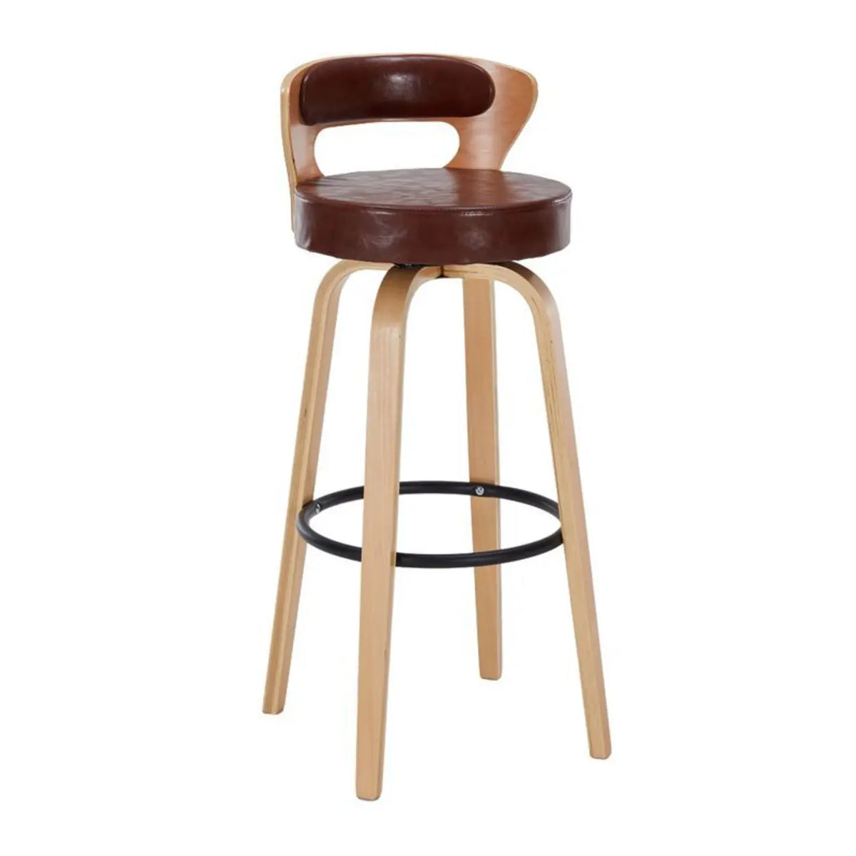 Brown Natural Counter Stool (23.5"H) Modern Round Wood Low Back Leather Swivel Bar Stool Image - 17