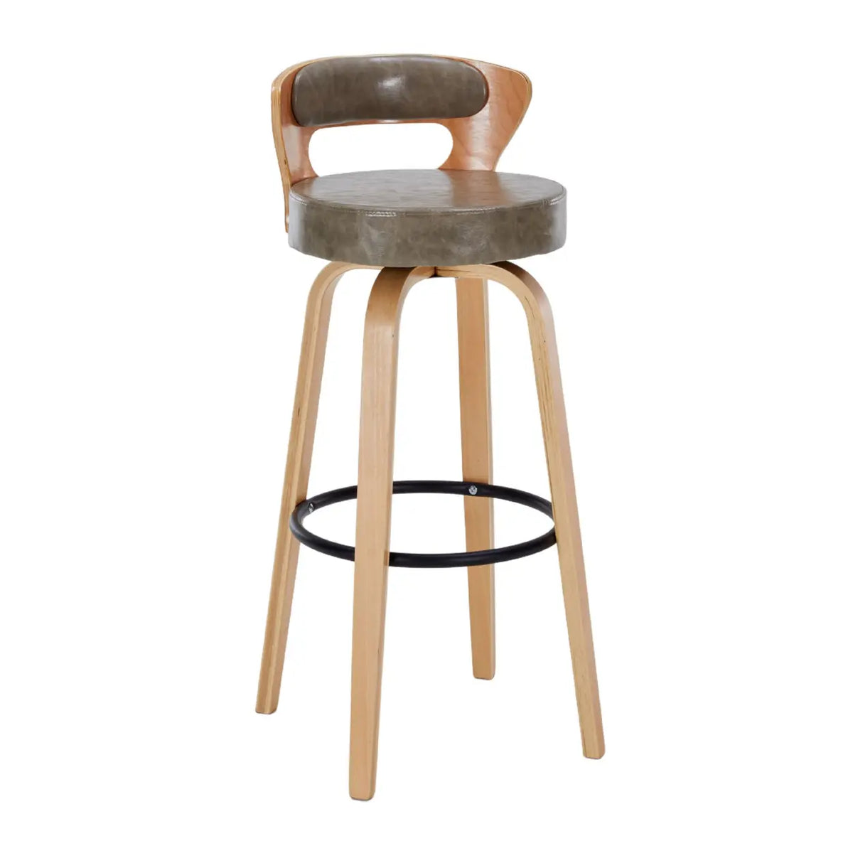 Light Gray Natural Counter Stool (23.5"H) Modern Round Wood Low Back Leather Swivel Bar Stool Image - 19