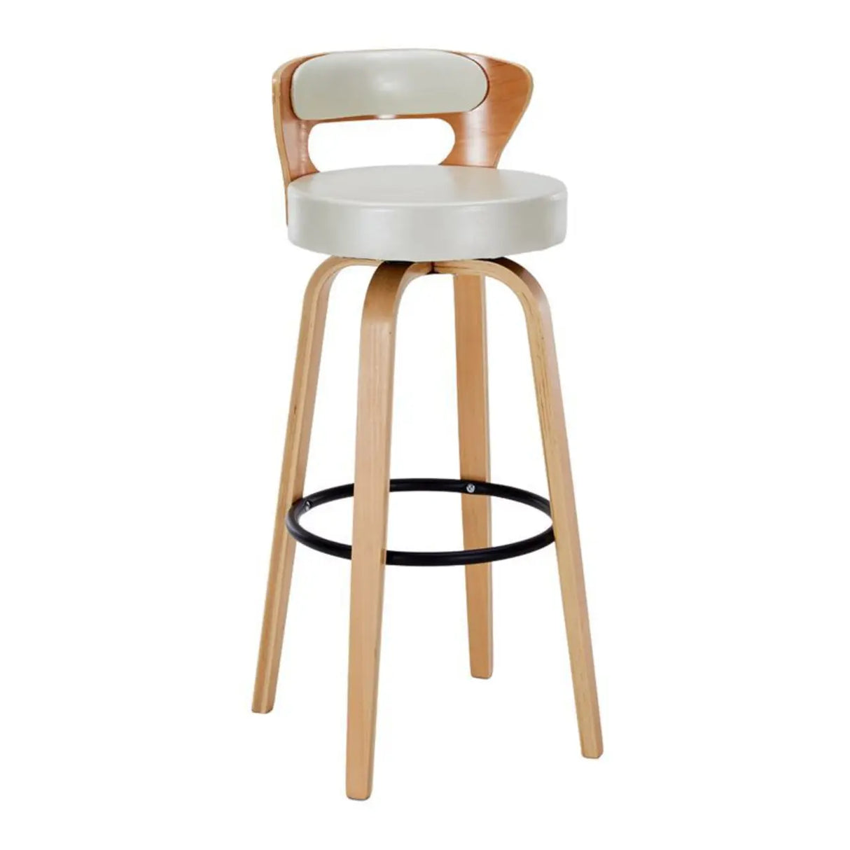 Modern Round Wood Low Back Leather Swivel Bar Stool Image - 2