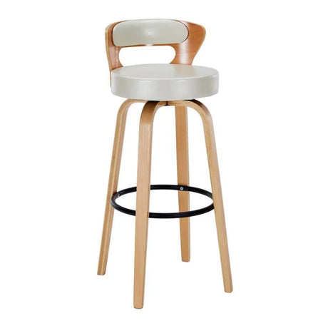 Modern Round Wood Low Back Leather Swivel Bar Stool Image - 2