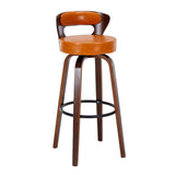 Modern Round Wood Low Back Leather Swivel Bar Stool Image - 21