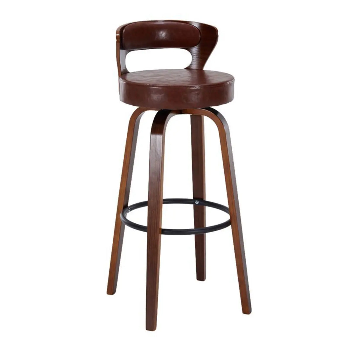 Brown Walnut Counter Stool (23.5"H) Modern Round Wood Low Back Leather Swivel Bar Stool Image - 23