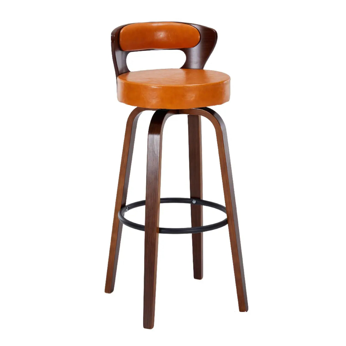 Orange Walnut Counter Stool (23.5"H) Modern Round Wood Low Back Leather Swivel Bar Stool Image - 24