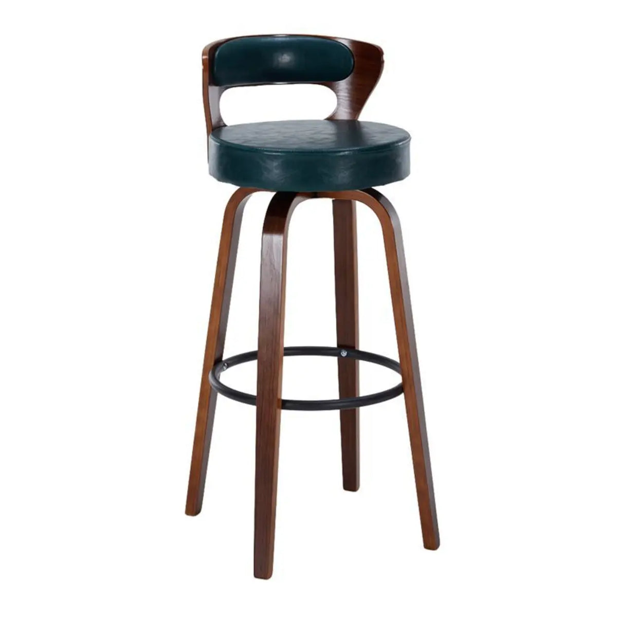 Blackish Green Walnut Counter Stool (23.5"H) Modern Round Wood Low Back Leather Swivel Bar Stool Image - 25