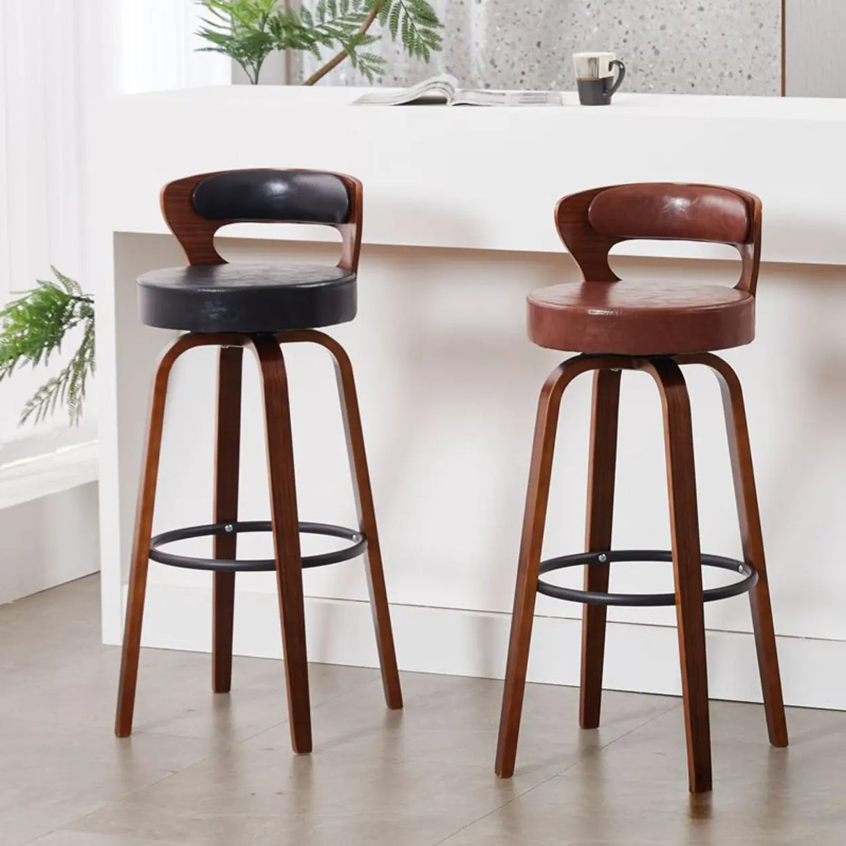 Modern Round Wood Low Back Leather Swivel Bar Stool Image - 3