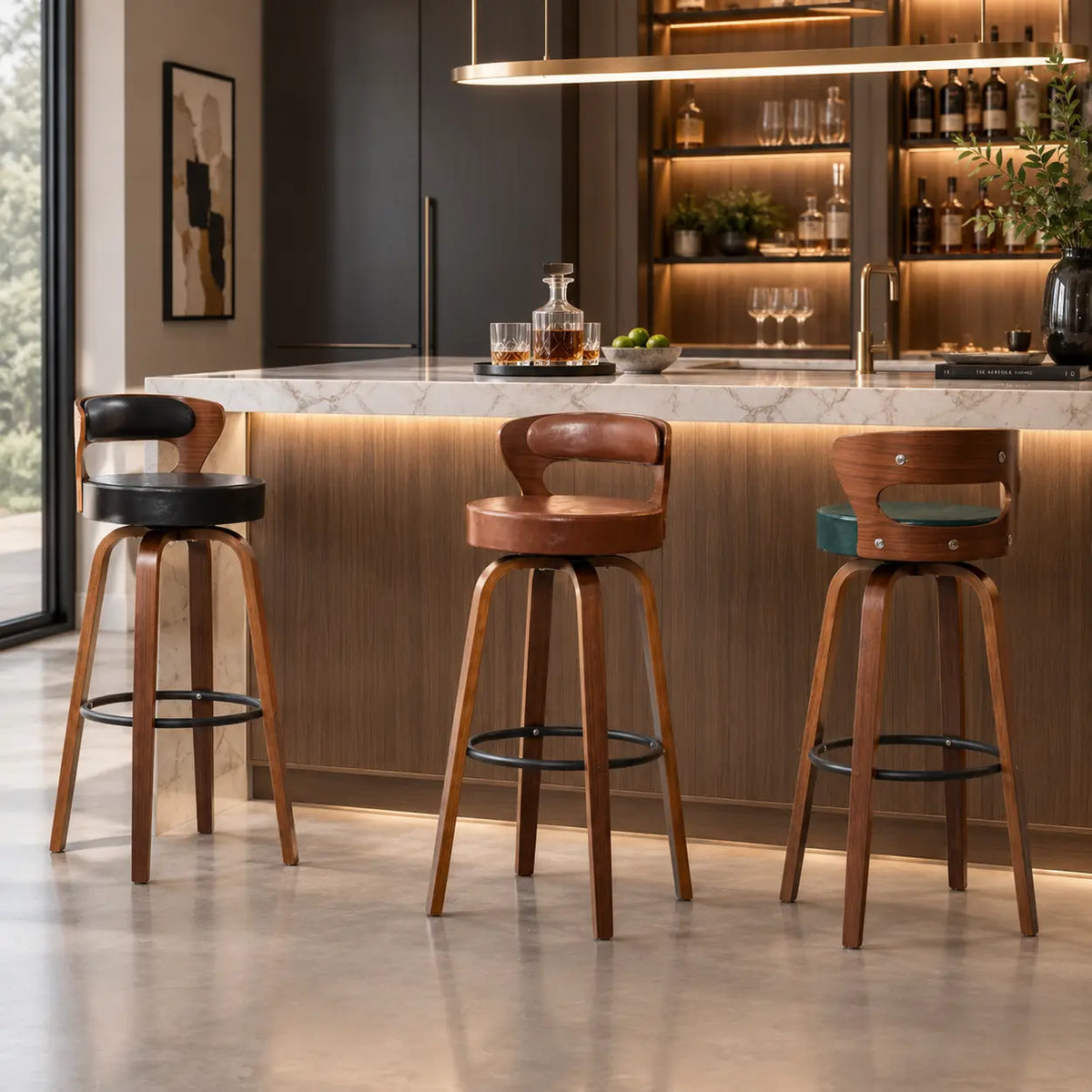 Modern Round Wood Low Back Leather Swivel Bar Stool Image - 3