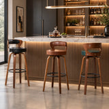 Modern Round Wood Low Back Leather Swivel Bar Stool Image - 3