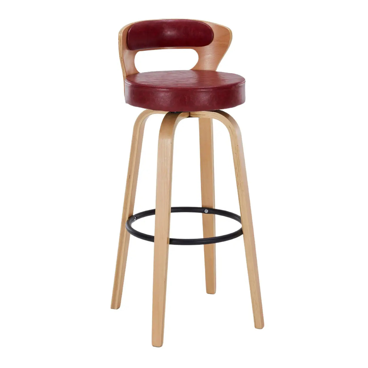Modern Round Wood Low Back Leather Swivel Bar Stool Image - 4