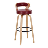 Modern Round Wood Low Back Leather Swivel Bar Stool Image - 4