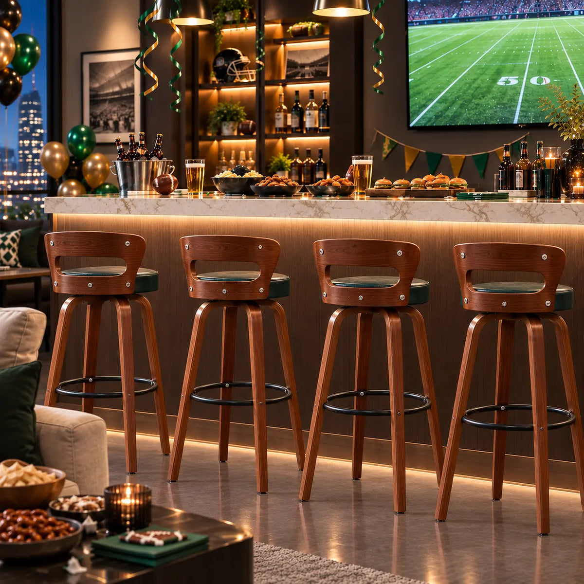 Modern Round Wood Low Back Leather Swivel Bar Stool Image - 4