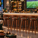 Modern Round Wood Low Back Leather Swivel Bar Stool Image - 4