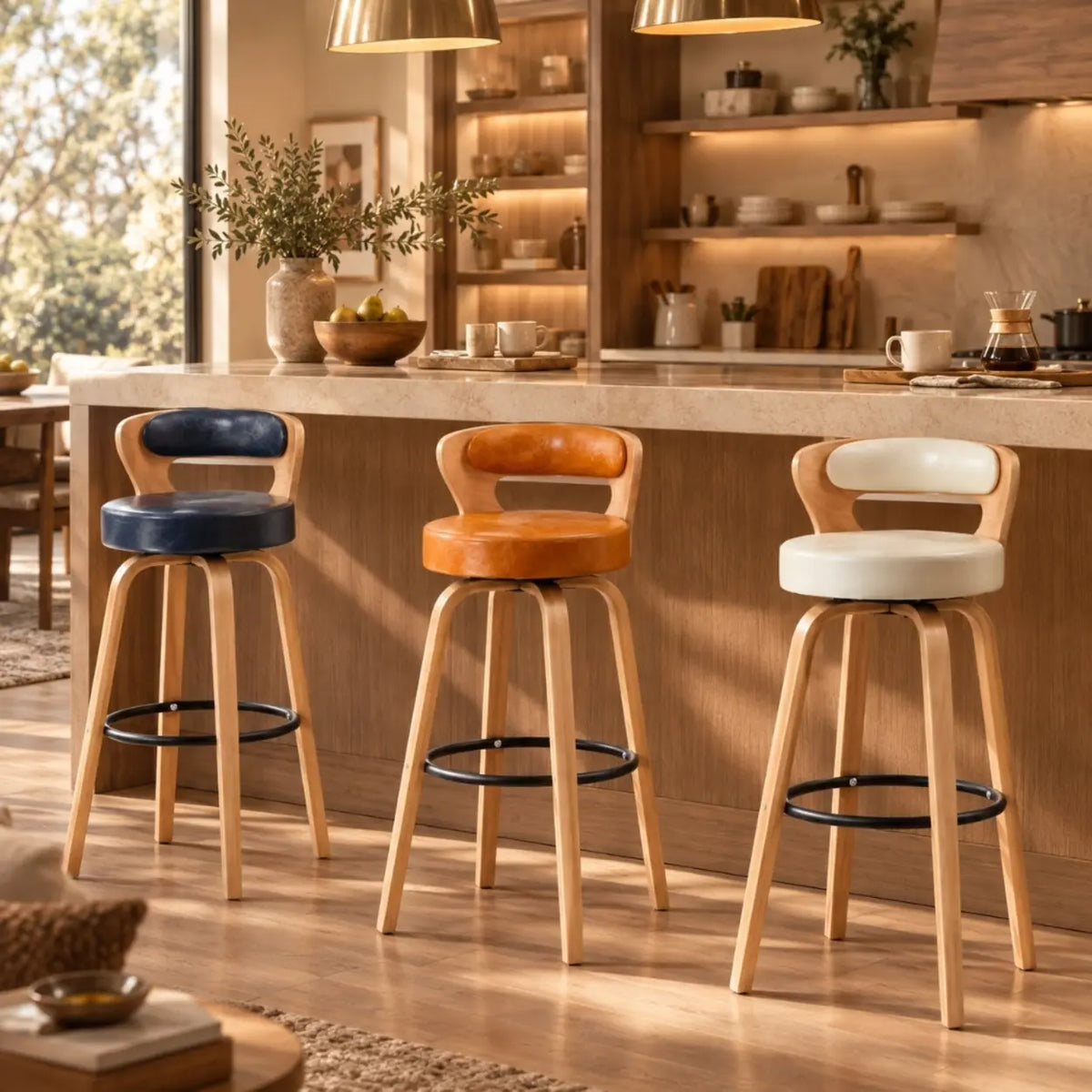 Modern Round Wood Low Back Leather Swivel Bar Stool Image - 5