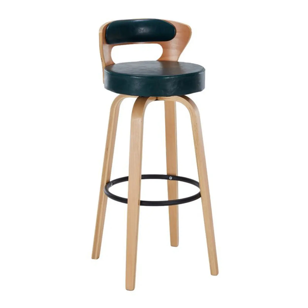 Modern Round Wood Low Back Leather Swivel Bar Stool Image - 6