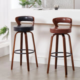 Modern Round Wood Low Back Leather Swivel Bar Stool Image - 6
