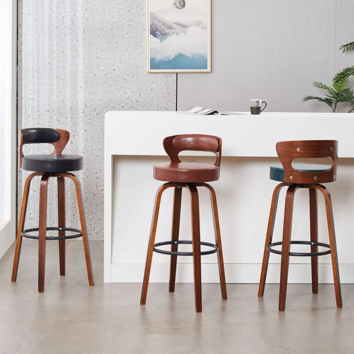 Modern Round Wood Low Back Leather Swivel Bar Stool Image - 8