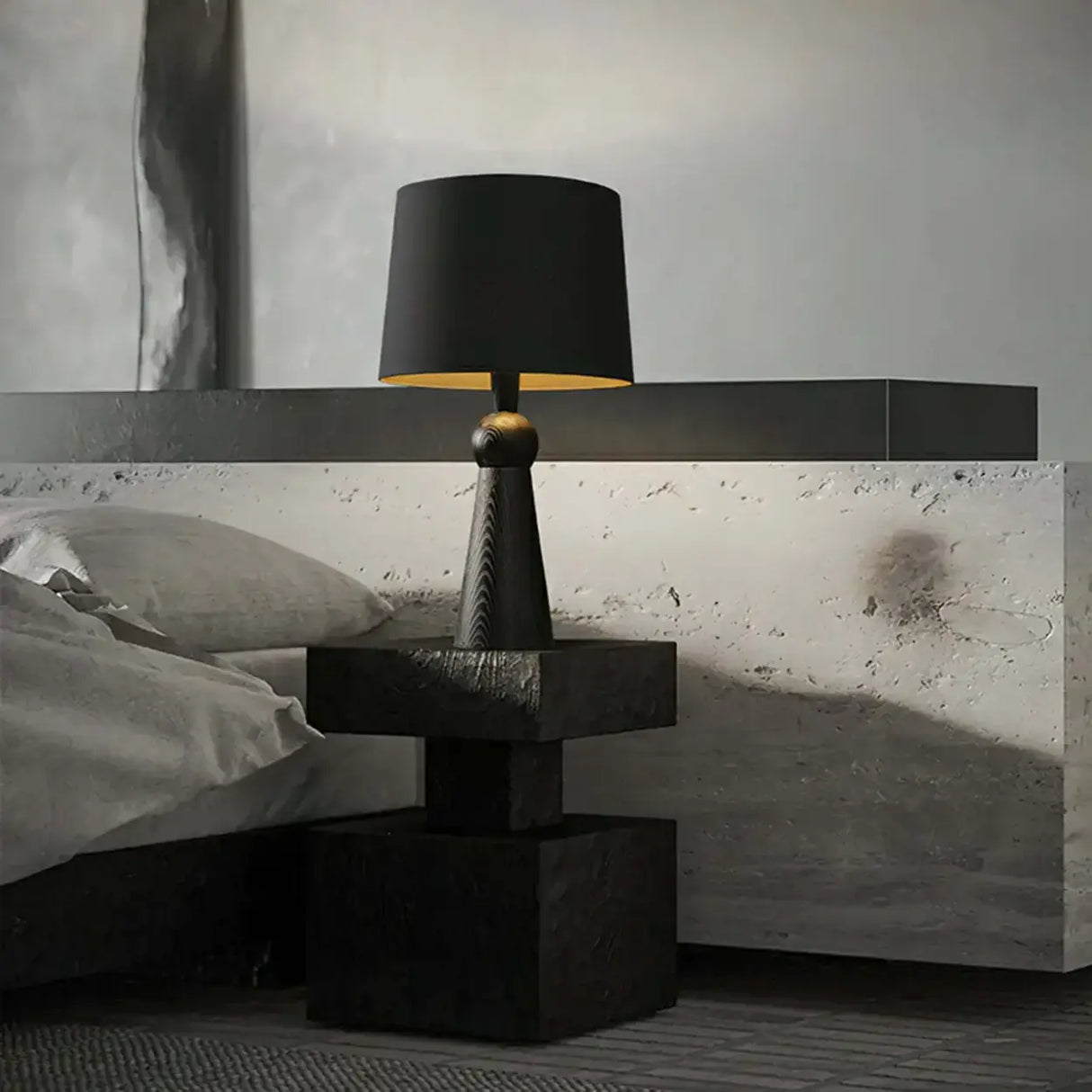 Modern Rusitic Wood Tapered Base Drum Fabric Table Lamp Image - 3