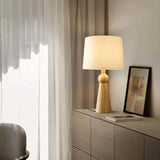 Modern Rusitic Wood Tapered Base Drum Fabric Table Lamp Image - 9