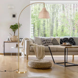Modern Rustic Gold Woven Rattan Arched Floor Lamp Image - 1