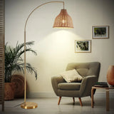 Modern Rustic Gold Woven Rattan Arched Floor Lamp Image - 2