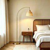 Modern Rustic Gold Woven Rattan Arched Floor Lamp Image - 4