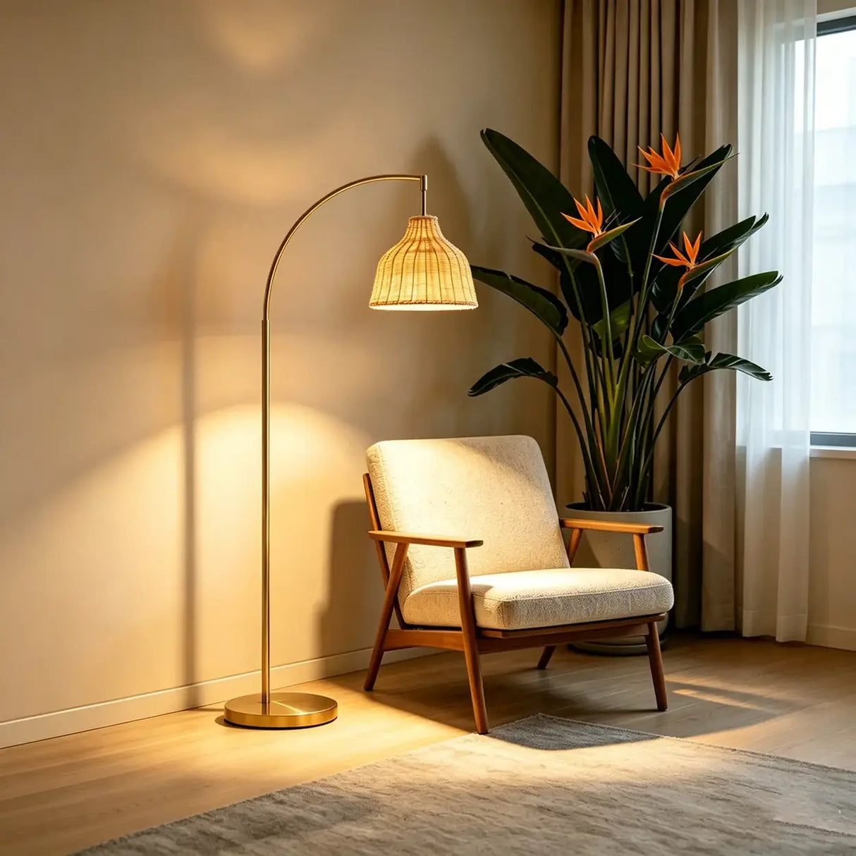 Modern Rustic Gold Woven Rattan Arched Floor Lamp Image - 5