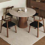 Modern Rustic Wood Pedestal Round Beige Stone Dining Table Image - 1