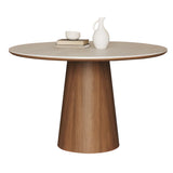 Modern Rustic Wood Pedestal Round Beige Stone Dining Table Image - 2