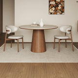Modern Rustic Wood Pedestal Round Beige Stone Dining Table Image - 4