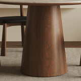 Modern Rustic Wood Pedestal Round Beige Stone Dining Table Image - 5