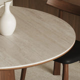 Modern Rustic Wood Pedestal Round Beige Stone Dining Table Image - 7