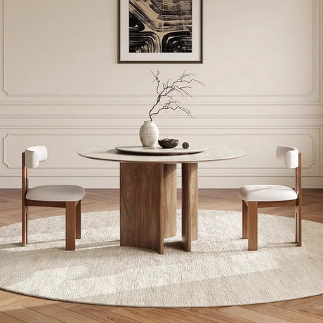 Modern Scandinavian Khaki Stone Round Wood Base Dining Table Image - 1