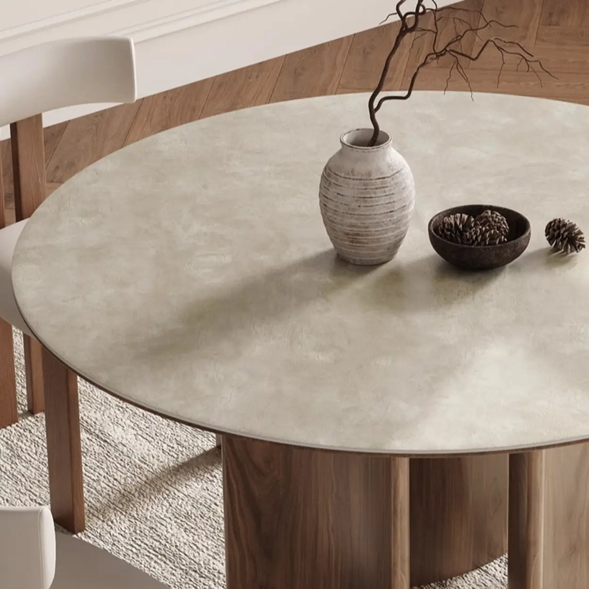 Modern Scandinavian Khaki Stone Round Wood Base Dining Table Image - 10