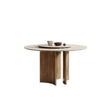 Modern Scandinavian Khaki Stone Round Wood Base Dining Table Image - 2